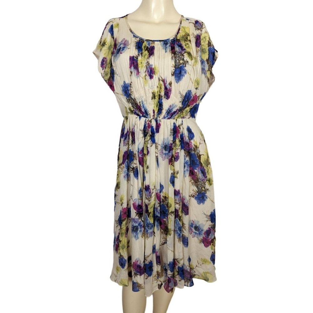 Boden cap sleeve chiffon viscose watercolor floral ruched summer Cecily dress 6